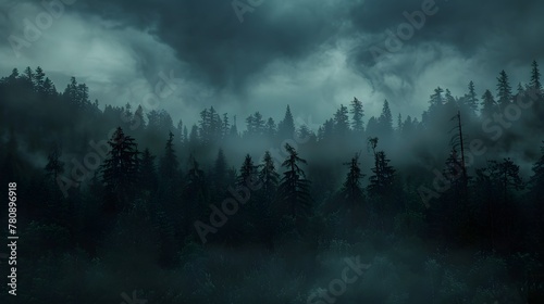 A thick, dark forest just before a storm, with dark clouds overhead casting the entire forest in a deep shadow, and the wind beginning to howl through the trees. © Love Mohammad
