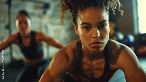  a determined young woman grit during a challenging exercise class, the supportive instructor cheering her on as she embraces the burn,