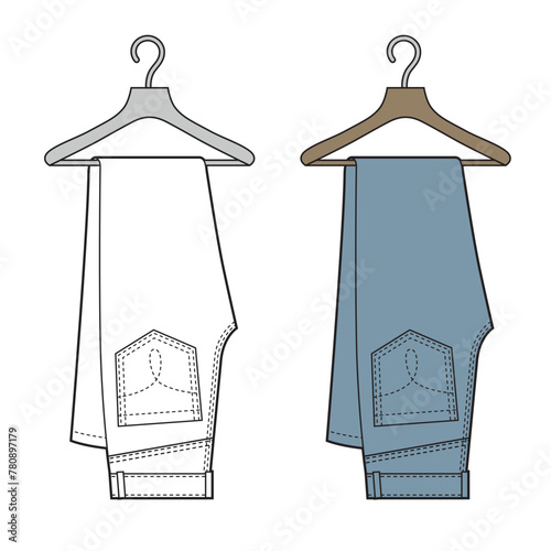 Jeans pants on the hanger. clothing icon dress