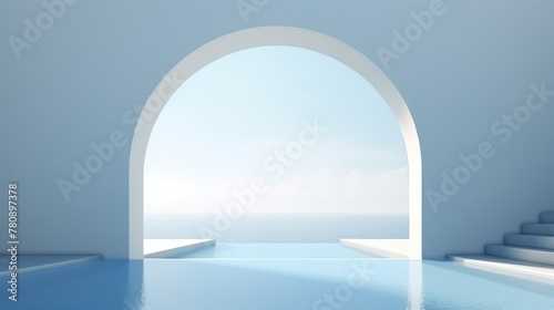 Minimalist modern architecture with an archway leading to an open sky and sea horizon, reflecting on a tranquil water surface, conveying serenity and spaciousness