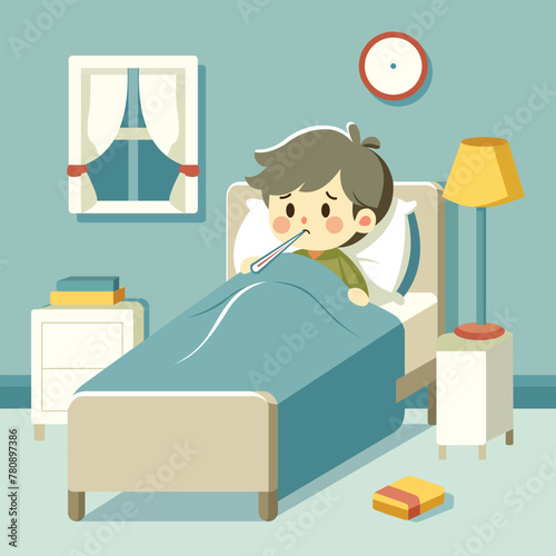 Cartoon illustration of a sick boy in bed