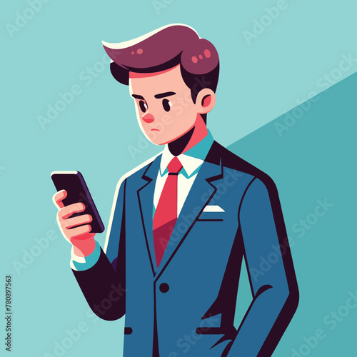 businessman standing and using a smartphone in flat design