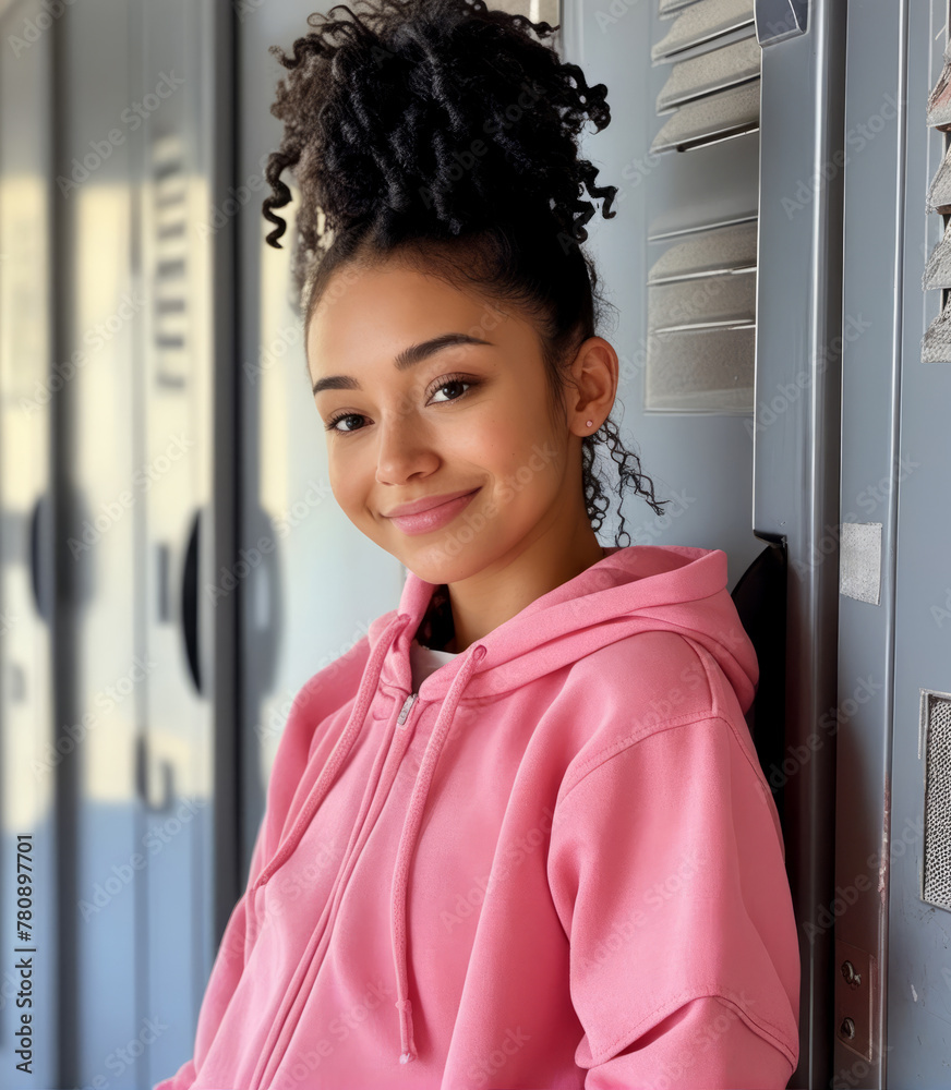 Woman in pink hoodie leaning against wall with her hands on her hips. Woman in pink hoodie leaning against wall with her hands on her hips.