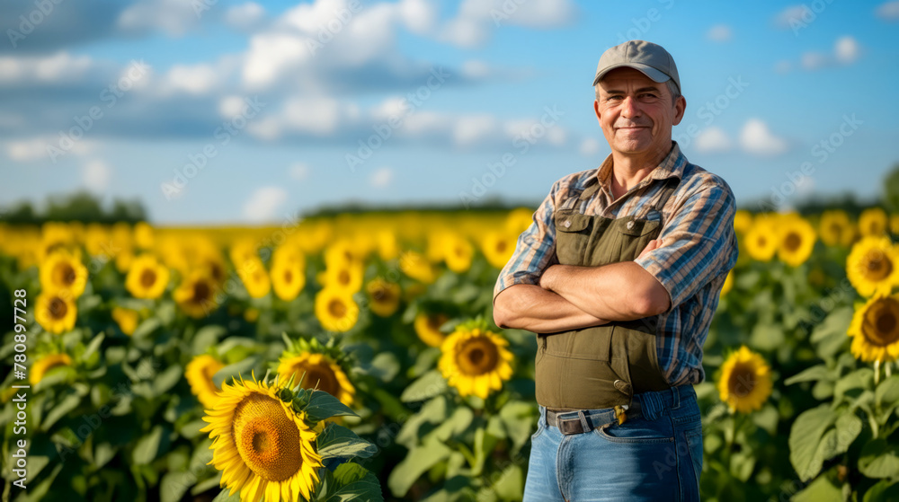 Man standing in field of sunflowers with his arms crossed.