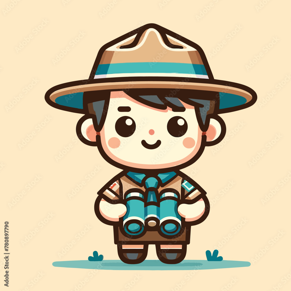 A cute cartoon boy scout in flat design style, holding binoculars