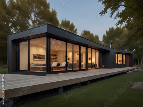 A modular, prefabricated house with innovative, sustainable materials, and a customizable layout, generative AI