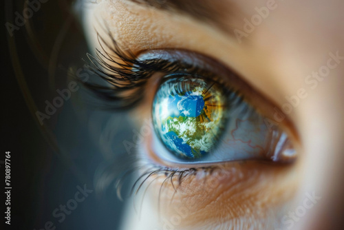 A close-up image of the human eye with the reflection of planet Earth inside.