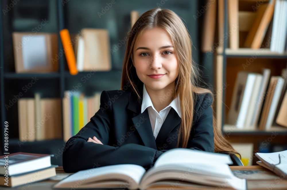 Woman sitting at desk with open book in front of her. Woman sitting at desk with open book in front of her.