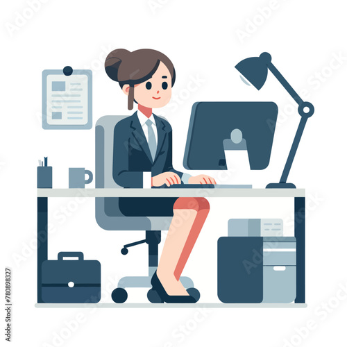 administrative woman working at a computer with a flat design style