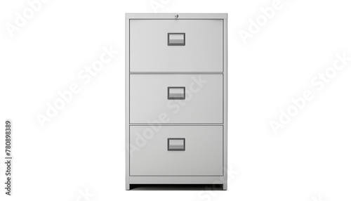 3D rendering of a threedrawer metal filing cabinet with a light grey finish