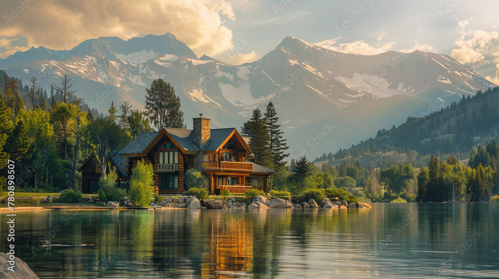 Fototapeta premium House by the lake with mountains in the background