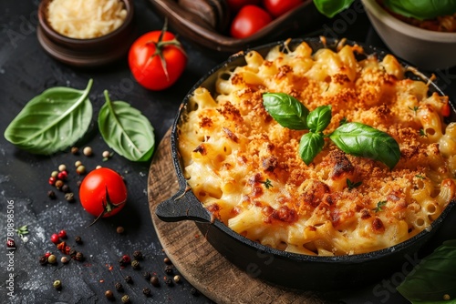 Delicious mac and cheese lunch with meat and tomato sauce