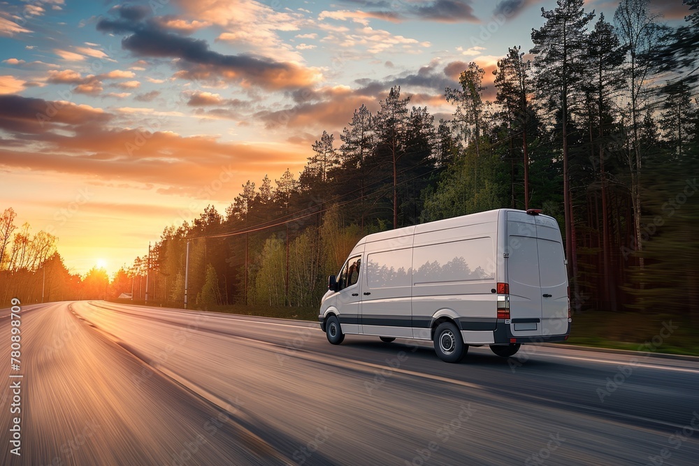 Obraz premium Delivery car on asphalt road in rural landscape at sunset by forest