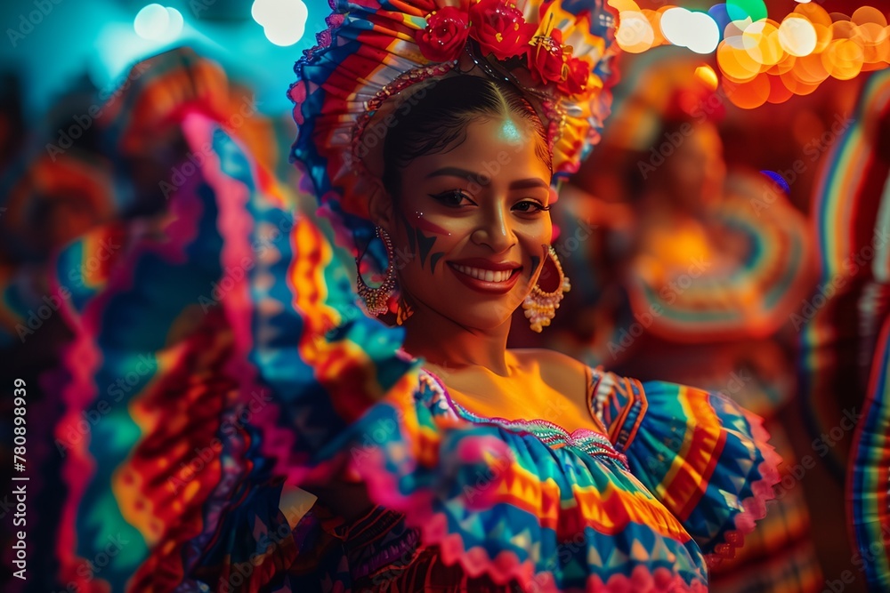 Fototapeta premium Mexican dancer, beautiful woman in traditional dress, embodying rich cultural heritage and vibrant traditions of Mexico.