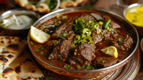 Traditional pakistani beef karahi with accompaniments photo