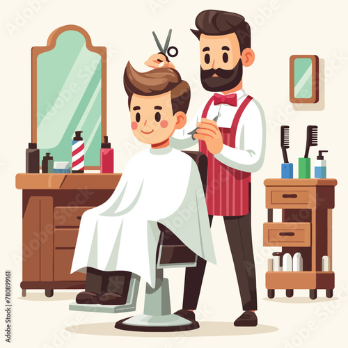 man getting a haircut at a barber shop in flat design illustration