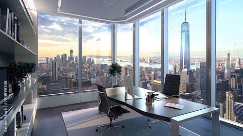 An architecta??s dream office space in high definition, with a corner window design that wraps around the room, providing expansive cityscape views. monochromatic color scheme photo