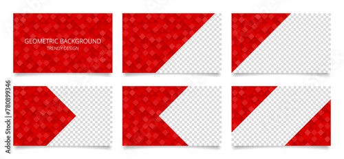 Set of red presentation slides. Abstract business card templates with transparent space. Background with checkered texture, trendy geometric pattern, 3d cubes, roof tiles