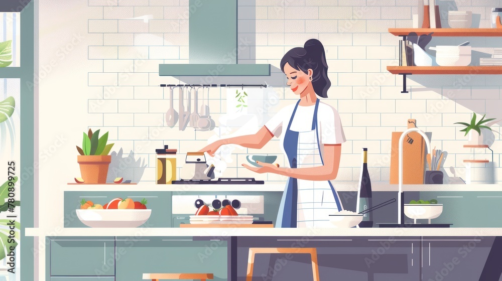 Cartoon of a woman cooking in a modern kitchen interior with plants and kitchenware. Cartoon of a woman cooking in a modern kitchen interior with plants and kitchenware.