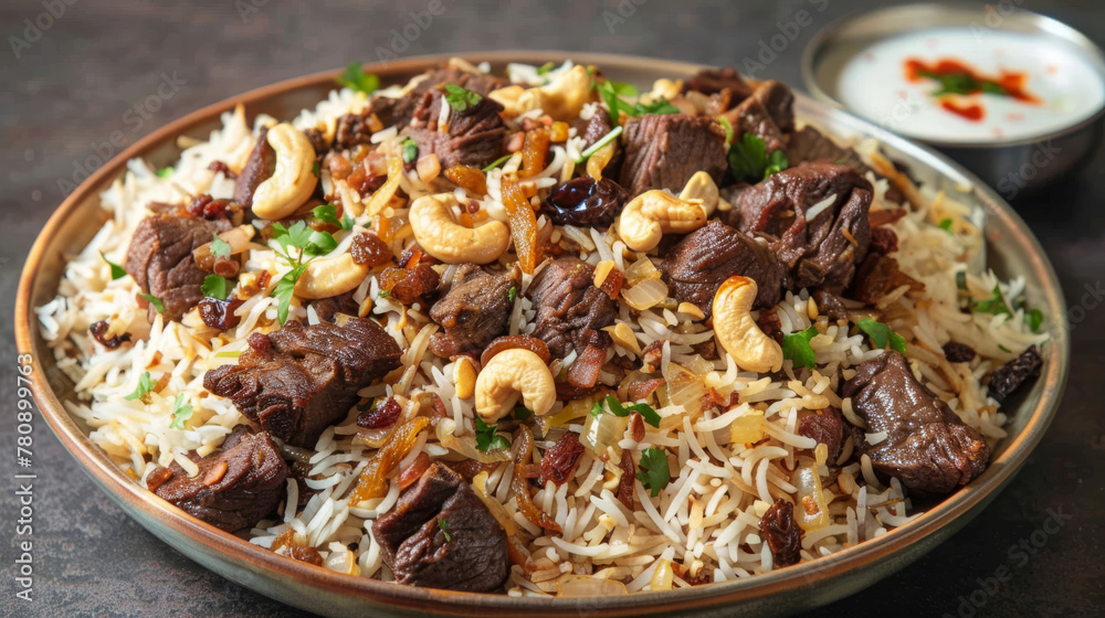 Savory pakistani biryani with tender meat, rice, and garnished with nuts Savory pakistani biryani with tender meat, rice, and garnished with nuts