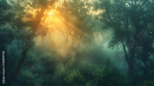 An eerie  mist-filled forest at dawn  with towering  gnarled trees shrouded in fog  and the first rays of sun struggling to penetrate the thick canopy