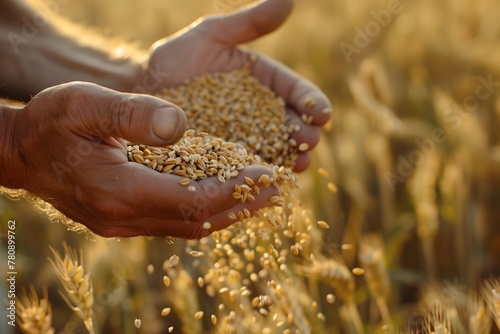 Close-up of a farmer's hands holding handful of wheat grains in wheat field. photo