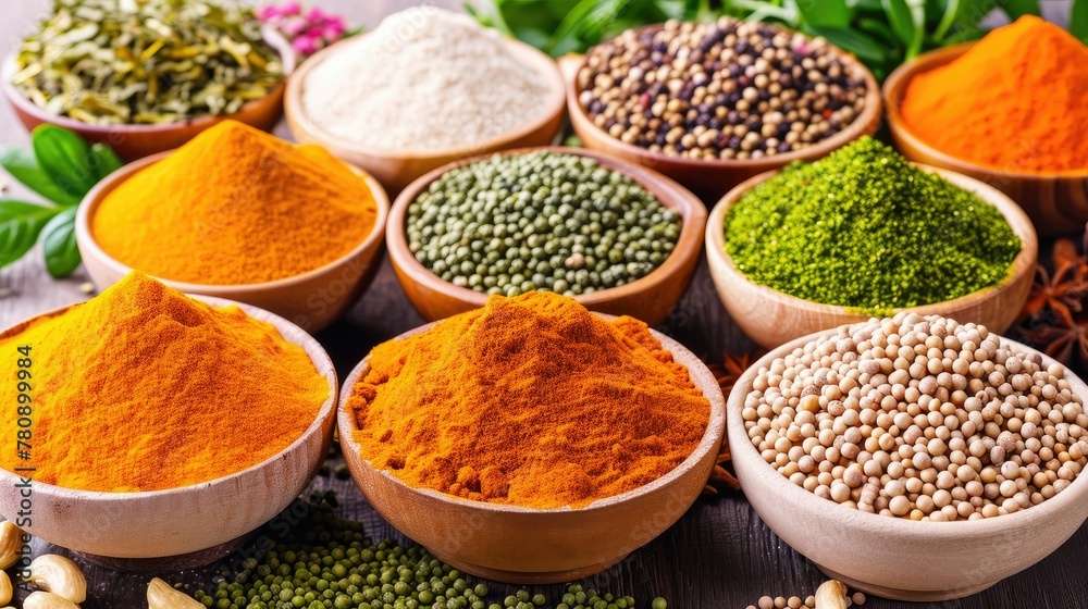 Assorted spices and herbs in bowls on dark wooden background, vibrant colors