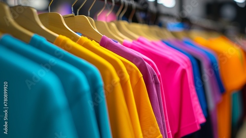 Colorful t-shirts on hangers in a retail shop, showcasing a variety of sizes and colors in a clothing store.