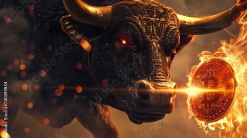 Fiery bull sculpture with glowing eyes, emitting flames from nostrils, holding a Bitcoin symbol, dramatic orange and gold tones, CGI art, financial symbolism