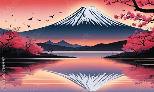 Mount Fuji majestically rising in background  framed by delicate cherry blossoms in full bloom  capturing essence of Japans natural beauty  cultural significance. For art  fashion  style  magazines.