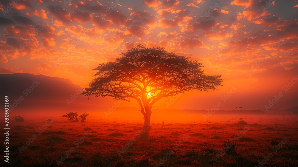  A solitary tree in the field, sun setting behind a sky's center