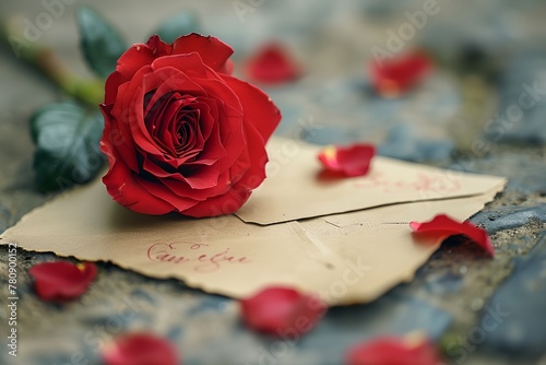 A red rose is on top of a piece of paper with the word "love" written on it
