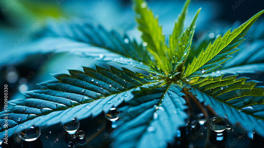 Water Droplets on a Cannabis Leaf - obrazy, fototapety, plakaty 