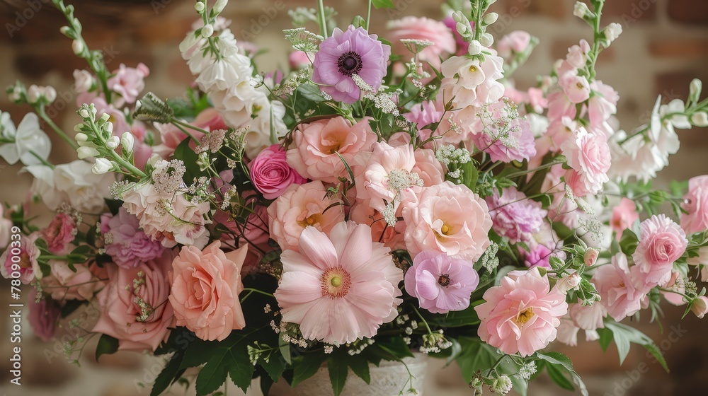 A white vase, brimming with an abundance of pink and white blossoms, sits atop a weathered wooden table Nearby, a brick wall provides a textured back A white vase, brimming with an abundance of pink and white blossoms, sits atop a weathered wooden table Nearby, a brick wall provides a textured back