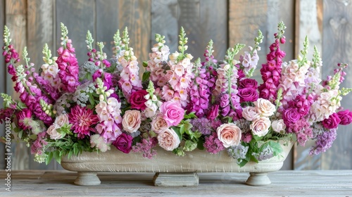  A vase, brimming with pink and purple blooms, sits atop a weathered wooden table Nearby, a wooden wall provides a rustic backdrop