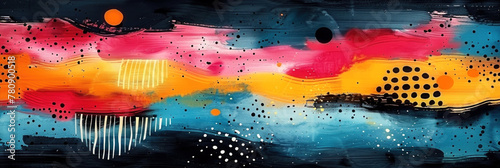 An abstract background illustration of maximalism in the Cluttercore trend with rich colors and bold design strokes. Bright banner for the backing.