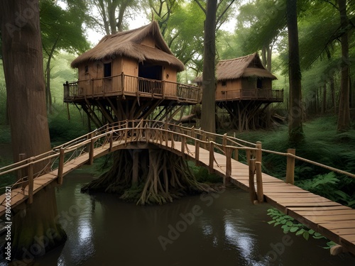 An ancient treehouse village  interconnected by rope bridges  generative AI