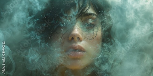 Female's face is obscured by smoke, creating a surreal and dreamlike atmosphere