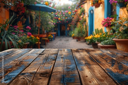 Festive mock-up empty wooden table decorated for Cinco de Mayo celebrations, with vibrant colors, traditional Mexican motifs