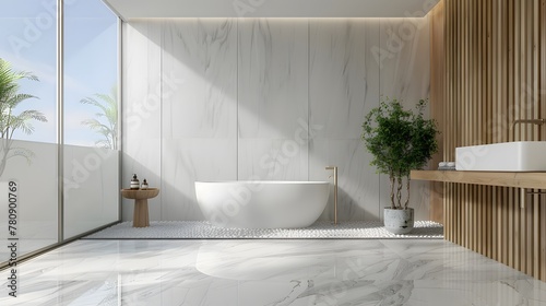 An elegant bathroom design in high definition, featuring a large, frosted glass window next to a freestanding tub, offering natural light while ensuring privacy.  photo