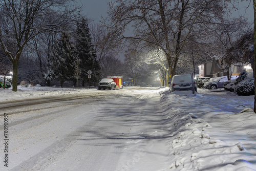 Burlington street covered with snow during a snowy night, Ontario,Canada