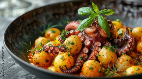  an octopus atop potatoes, herbs serving as garnish