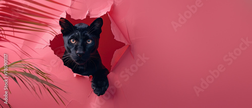 A playful black cat reaches out through a ripped pink paper, creating a humorous and heartwarming image