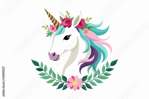 Cartoon Character White Unicorn Head in Floral Wreath, Isolated on White Background 