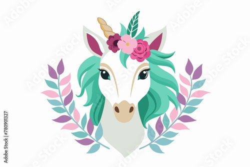 Cartoon Character White Unicorn Head in Floral Wreath, Isolated on White Background 