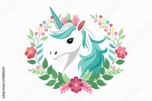 Cartoon Character White Unicorn Head in Floral Wreath, Isolated on White Background 