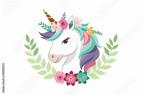 Cartoon Character White Unicorn Head in Floral Wreath, Isolated on White Background 