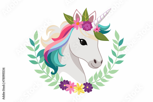 Cartoon Character White Unicorn Head in Floral Wreath, Isolated on White Background 