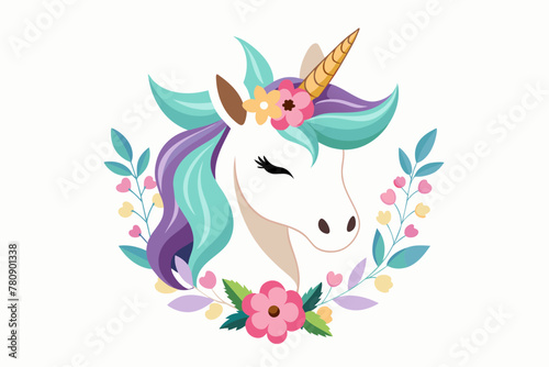 Cartoon Character White Unicorn Head in Floral Wreath, Isolated on White Background 