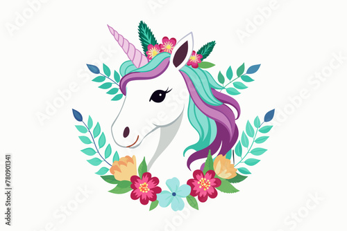 Cartoon Character White Unicorn Head in Floral Wreath, Isolated on White Background 